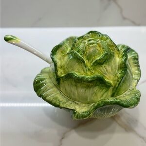 Green Ceramic Cabbage/Lettuce Soup Tureen with Ladle